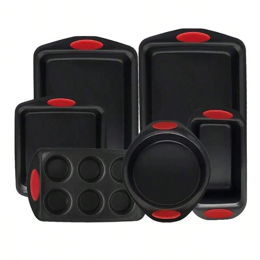 CHEF LANG Non-Stick 6-Piece Baking Tray Set, Carbon Steel Baking Tray Set, Silicone Handles, Stackable Kitchen Oven Set, Cookie Tray, Baking Tray, Baking Tray Set, Oven Safe - Red - View 1