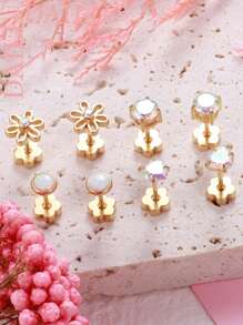 DAILI 4 pares de brincos fofos feitos à mão com a parte traseira lisa para mulheres, hipoalergênicos, em aço inoxidável, ouro 14k, opala, zircônia cúbica, flor, coração, cartilagem, brincos para pele sensível, 20g, brincos de zircônia cúbica rosa e prata