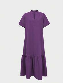 Spring/Summer New Fashion Casual Stand Collar Short Sleeve V-Neck Open Front Loose Maxi Dress For Women Elegant - Purple - View 4