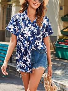 Vacation Style Floral Print Button-Up Short Sleeve Shirt - Multicolor - View 1