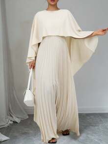Women's Solid Color Cape Sleeve Pleated Splicing Mock Two-Piece Long Formal Maxi Dress, Elegant Celebrity Style Banquet Party Evening Gown For Valentine's Day, Wedding Guest & Banquet & Gala Dresses - 杏色 - 查看 3