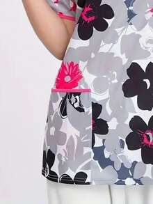 Chinese Style Mandarin Collar Criss-Cross Contrast Trim, All-Over Floral Print, Suitable For Summer Wear Nursing Scrub Top For Women - Grey - View 2