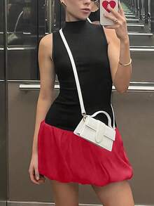 Bubble Dress Women Sleeveless Mock Neck Knit Open Back Dress Bodycon Y2k Party Club Short Dress - Hitam Merah - View 2