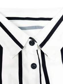 2pcs Woven Striped Long Sleeve Shirt Top & Shorts Set, Stretchy 120g Fabric - Đen và trắng - Xem 5