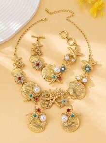 1 Set de elegante joyería de moda: Collar de coral, estrella de mar y concha, pulsera, pendientes con incrustaciones de perlas falsas, rhinestones, joyería bohemia, adecuada para regalos, mujeres, vacaciones y todas las ocasiones
