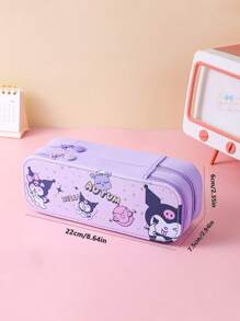Sanrio Set de 7 piezas - Estuche/caja de lápices de gran capacidad de doble capa de Sanrio, que incluye 1 caja de artículos de papelería, 2 bolígrafos, 4 gomas de borrar de presión, Set de caja de artículos de papelería de Kuromi, un gran regalo para volver a la escuela para niños