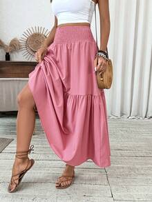 Stunning Floral Maxi Skirt - Flowy, Tiered, Elastic Shirred Waist, Pockets, Flared Hem, Woven - Perfect For Vacation, Spring, Summer, Fall, And Everyday Wear - 藕粉色 - 查看 1