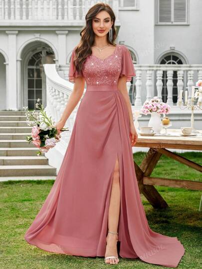 MIUSOL Vestido maxi formal de fiesta de gasa con cuello de corazón, mangas con volantes de encaje con lentejuelas y abertura en el muslo