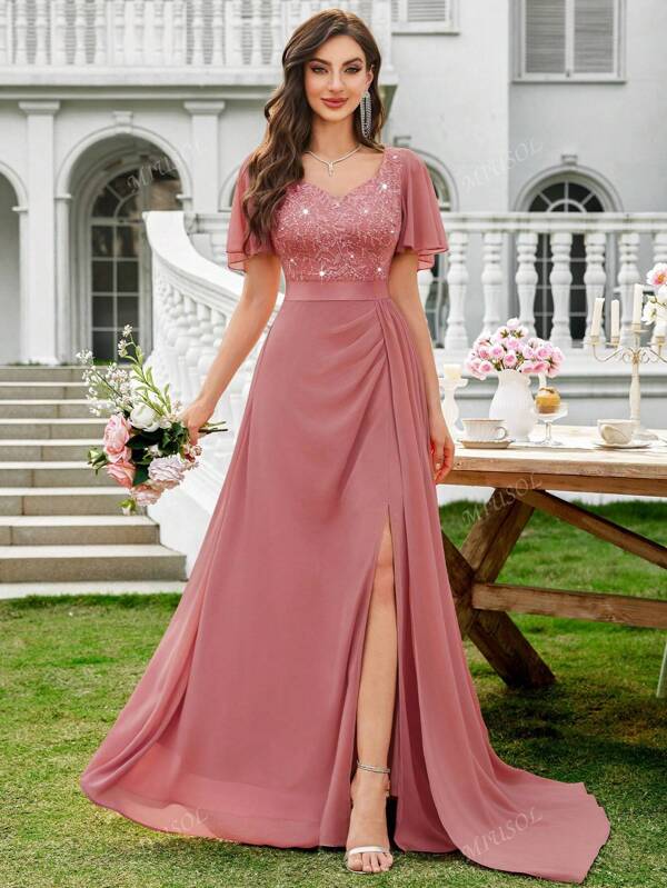 MIUSOL Sweetheart Neck Sequin Lace Ruffle Sleeve Split Thigh Chiffon Formal Party Maxi Dress