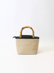 2025新款夏季女包百搭单肩包编织小钱包女士纹理草编水桶手提包竹柄托特包，时尚