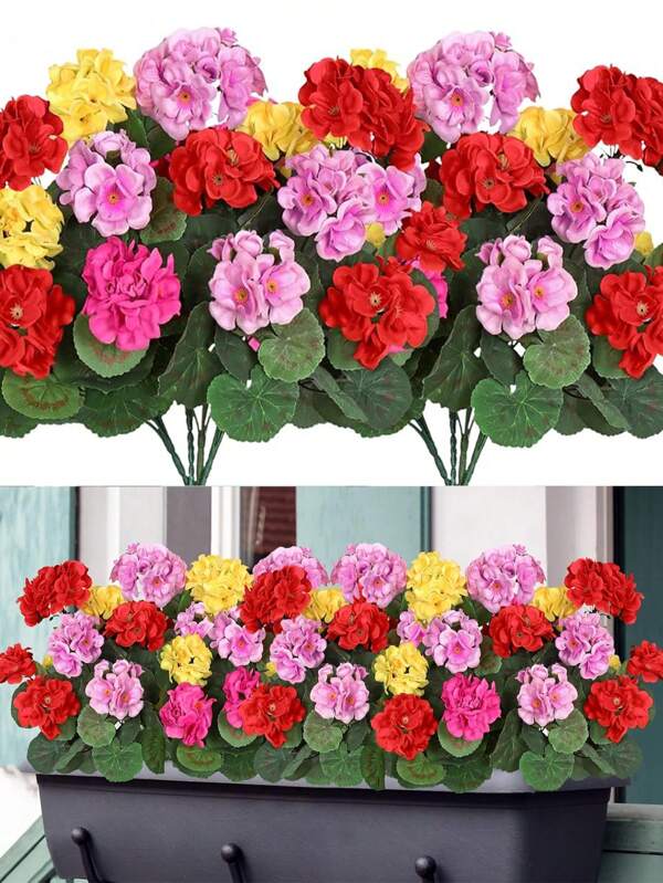4/8Pcs Artificial Geraniums Outdoor Silk Flowers Artificial Geranium Bush Faux Flowers Geraniums For Floral Home Decor Indoor Garden Patio Grave Cemetary Vase Table Centerpiece
