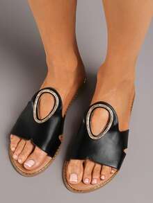 Solid Color Comfortable Casual Flat Sandals, Versatile For Summer Wear - Black - View 2