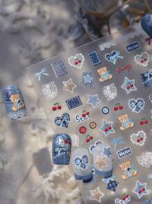 1 Sheet Blue Cowboy 5D Crystal Nail Art Sticker Grid Plaid Cute Heart Bear Pattern Bowknot Decoration Manicure Decal