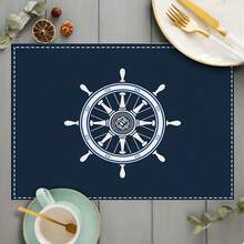 1pc/4pcs/6pcs Nautical Helm & Wheel Print Placemats - Navy Blue & White Polyester Machine Washable Rectangular Placemats, For Home Decor, Kitchen, Party, Birthday And Holiday Gifts, Party Tableware | Nautical Theme | Polyester Placemats - Multicolor - View 2