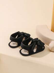 婴儿凉鞋，蝴蝶结扣，软底幼儿学步鞋，0-1岁 - 黑色 - 查看 4