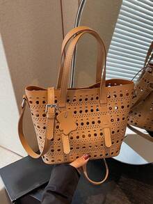1pc Fashionable Hollow Basket Handbag, Casual All-Match Summer Tote Bag, Detachable Inner Pouch, PU Leather Material - Khaki - View 12