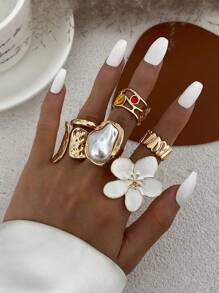 6pcs/7pcs Set Vintage Geometric Flower Embellished Ringed Jewelry Set, Luxury Casual Everyday Rings For Women, Couples, Holidays, Birthdays, Versatile Accessory Gift
