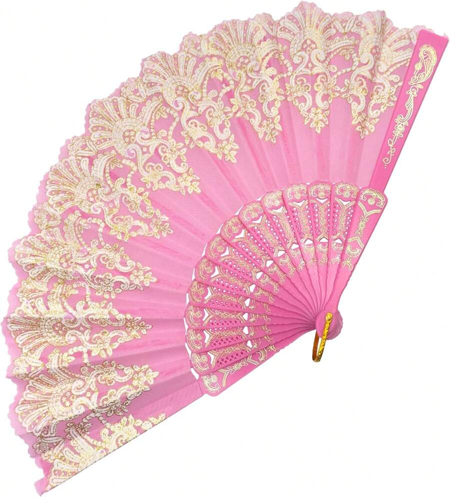Handheld Chinese Folding Fan Hand Fans For Women Foldable Bulk For Party Wedding Church Dancing (Pink) - Hot Pink - View 1