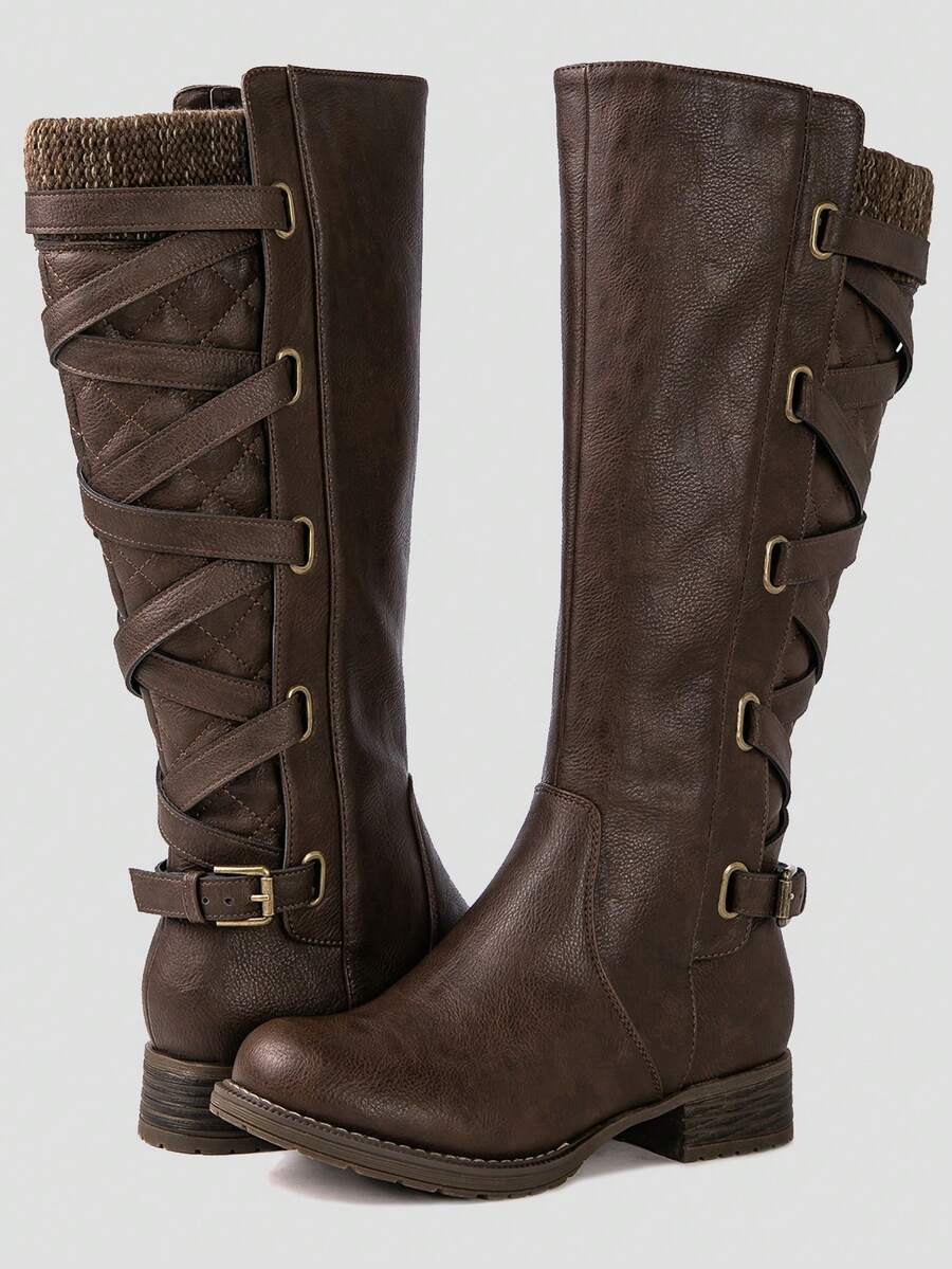 GLOBALWIN Women's Quilted Knee High Fashion Boots Strappy Boots For Women Goth Fall Boots Holiday Season Fall Winter Boots - Brown - View 1