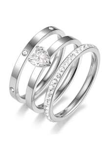 3 Pcs Luxury Zirconia Stainless Steel Ring Set, Classic & Fashionable Rings Accessory For Women