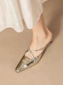 Pointed Toe Elegant Thin Heel Casual Slip-On Criss-Cross Strap Mule Sandals - Gold - View 3