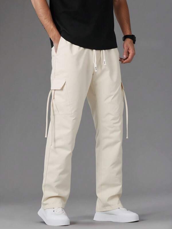 1 pieza Pantalón cargo casual de hombre con múltiples bolsillos, pantalón recto de unicolor para deportes al aire libre y uso casual relajado con cintura elástica y cordón, apto para uso casual diario y como regalo de vacaciones