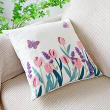 1 pièce Housse de coussin décorative avec motif floral et papillon, housse de coussin de style ferme brodée pour la décoration de la maison, le canapé, la chambre à coucher