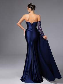 VIPGIRL Elegant Navy Blue Sequin Satin Evening Gown, Strapless Formal Dress, High Slit Design, Draped Capelet Sleeves, Charming Fitted Ballgown, Women's Formal Evening Dress, Luxury Formal Wear, Pageant Gown, Party Dress, Wedding Guest Dress - Navy Blue - View 2