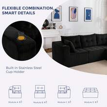 Sofá modular Cloud, sofá moderno y cómodo de pana para la sala de estar, sillón reclinable con reposapiés, sofá en caja, no requiere montaje. - Negro - Ver 8