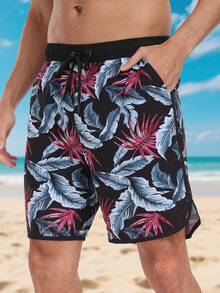 LEDUNTINO [Primavera/Verano] Shorts de 2 en 1 de doble capa con estampado tropical, de moda para hombres, regalo para esposo/novio, cintura elástica, con múltiples bolsillos, para playa/vacaciones - Negro - Ver 5