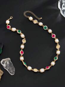1pc Punk Multi-Color Crystal Necklace, Men's Fashion Luxury Minimalist Charm Choker, Couple Necklace