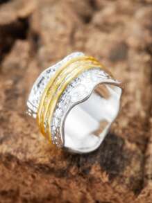 1 pieza Nuevo anillo de dos colores retro bohemio para hombres, hueco y ancho, simple y de moda, adecuado para regalos de joyas de uso en fiestas para parejas