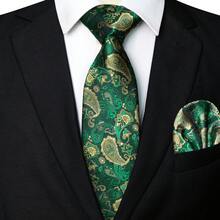 5 件套男士经典 1200 针面料绿色系列领带套装 - 包括佩斯利、格子、花卉领带、口袋巾、袖扣、领带夹和胸花，适用于工作场所、商务、正式、婚礼、休闲、毕业场合 - 綠色 - 查看 17