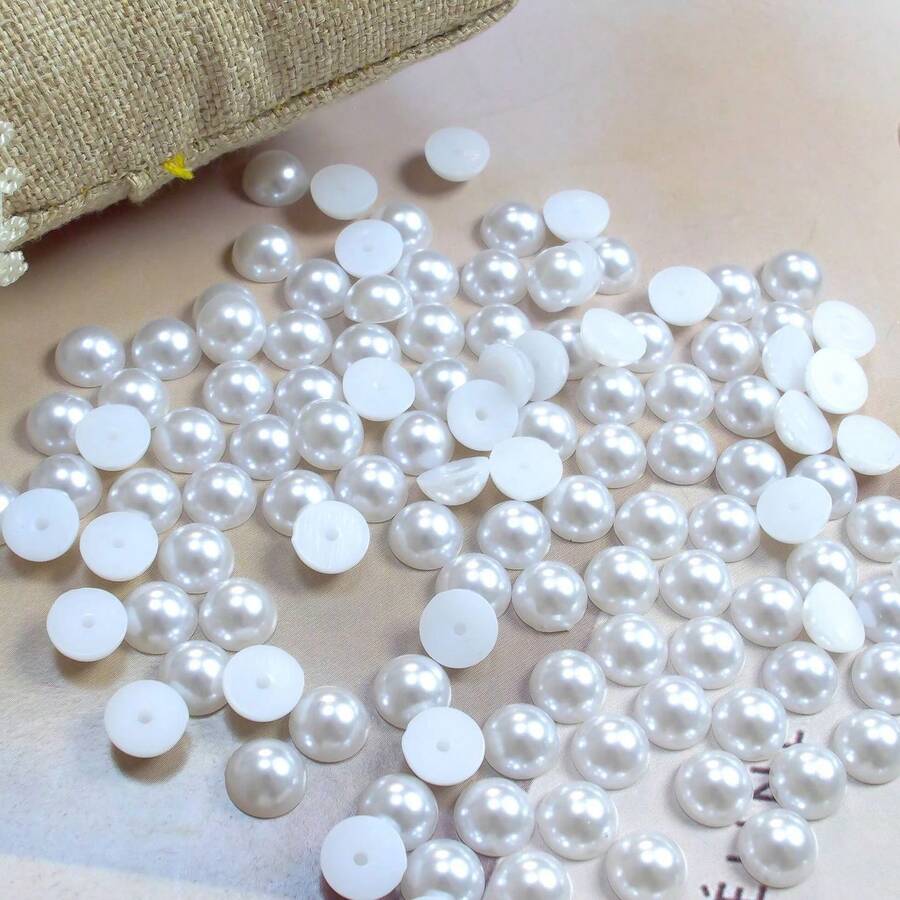 50 件混合搭配 ABS 仿珍珠半圆珠，带孔，平底，适合 DIY - 白色 - 查看 1