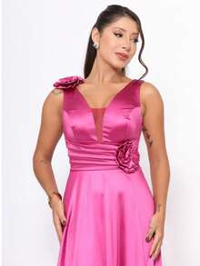 Long Satin Bridesmaid Dress With Flower Detail - Hot Pink - View 5