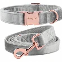 Entrega local - Juego de collar y correa para perro de terciopelo ARING PET, collar y correa para perro de color púrpura suave, collares ajustables para perros - Gris plata - Ver 1
