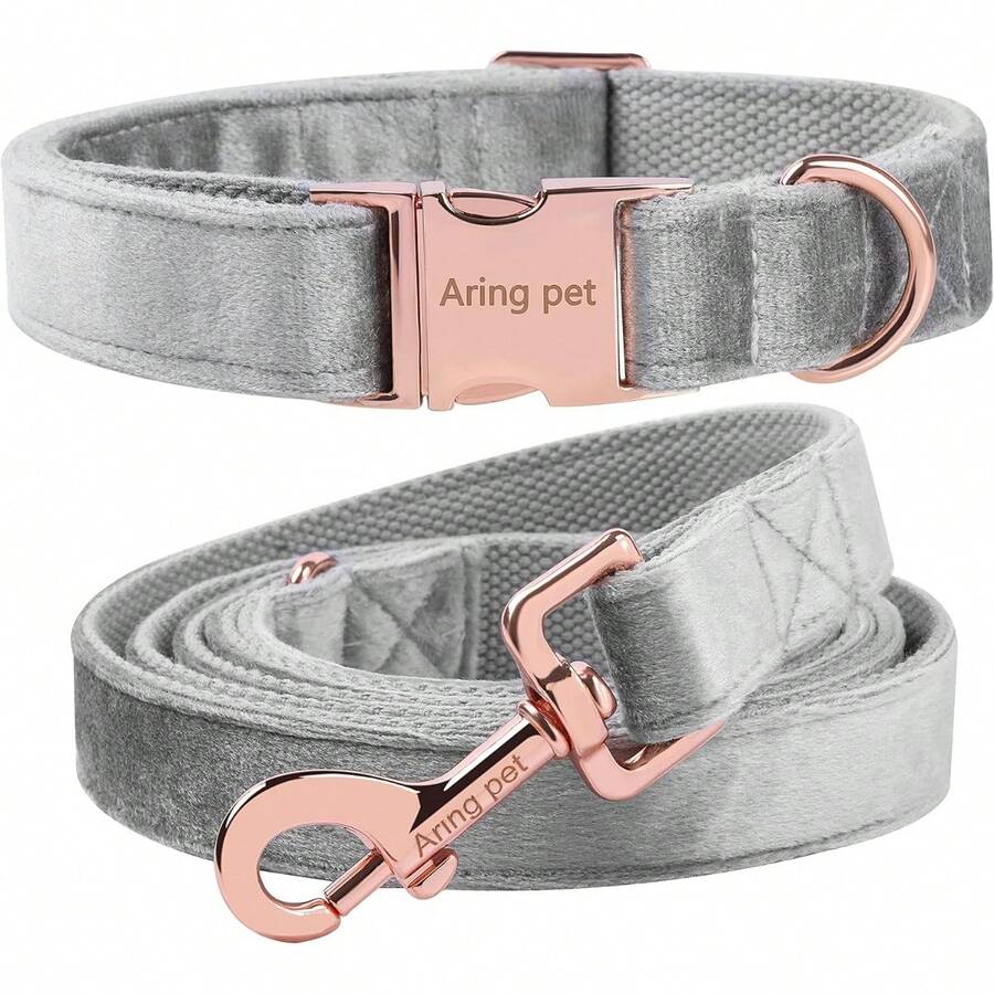 Entrega local - Juego de collar y correa para perro de terciopelo ARING PET, collar y correa para perro de color púrpura suave, collares ajustables para perros - Gris plata - Ver 1