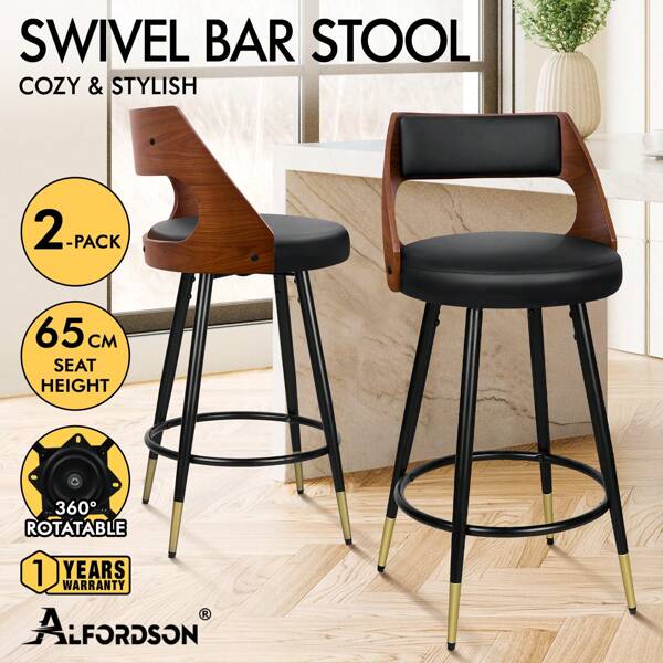 ALFORDSON Juego de 2 taburetes de bar giratorios de cocina con asiento de 65 cm de altura, taburete de bar de madera con reposapiés y reposapiernas ajustables (piel sintética, negro)