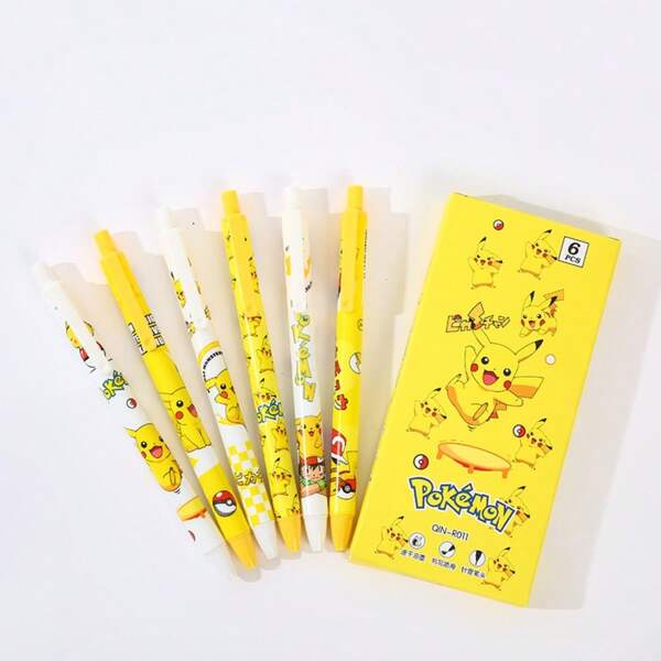 pokemon 6pcs Set Official Pokémon Retractable Pens, Pikachu Cartoon Design High-Quality Smooth Writing Neutral Pens, Student Stationery, Ideal Gift For Back To School Or Holidays