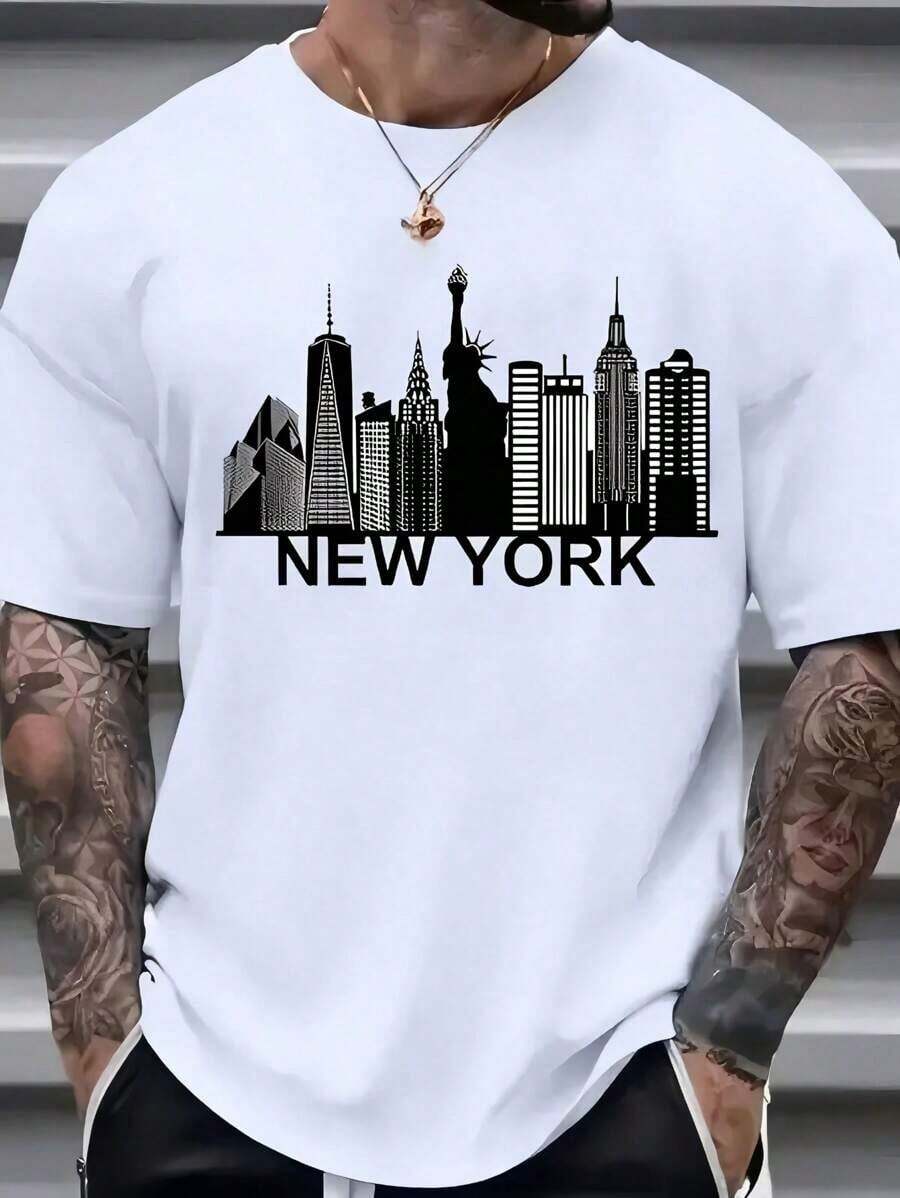 [Cotton Cityscape Print Tee] Breathable Cotton New York Cityscape Print Men's-Shirt - Casual Crew Neck, Short Sleeve, Washable - White Summer - 白色 - 查看 1