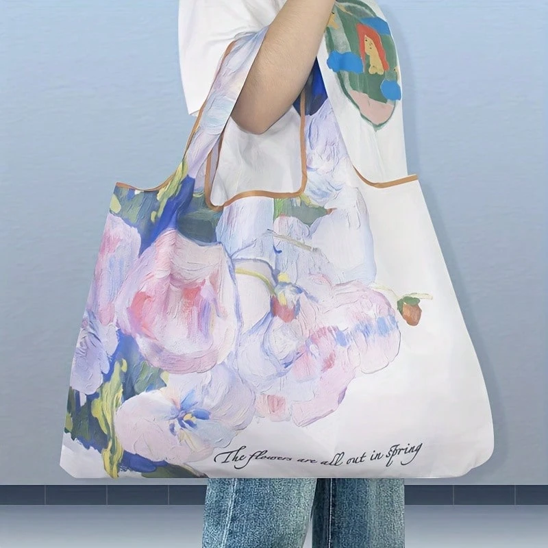 [Chic Tote Bag] Spacious Chic Nylon Tote Bag | Unique Print Design - Shoulder Shopping & Travel Bag, Includes Matching Pouch - 油畫鬱金香 - 查看 1