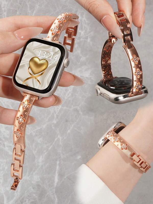 1 Peça Pulseira de Metal com Flor Luxuosa e de Alta Qualidade Compatível com Relógio Apple 38/40/41/42/44/45/46/49mm, Pulseira de Relógio I Watch Ultra/Se10/9/8/7/6/5/4/3/2/1, Feminina