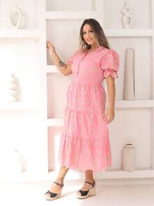 Women's Fashion Midi Dress In 3D Laise Fabric With Elastex On The Back And Button On The Front And Lining - 雙色淡粉紅色 - View 3
