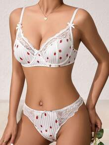 Women's Erotic Naughty Lingerie Sets Strawberry Print Lace Trim Bra And Low Waist Thong - White - View 3