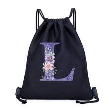Drawstring Bag School Backpack Sport Bag Women's Fashion Shoulder Backpacks Canvas Shopping Bag Organizer For Travel Cycling Hiking Woman Large Capacity Storage Shopper Bags Initial Name A To Z Letter Print - Black - View 16