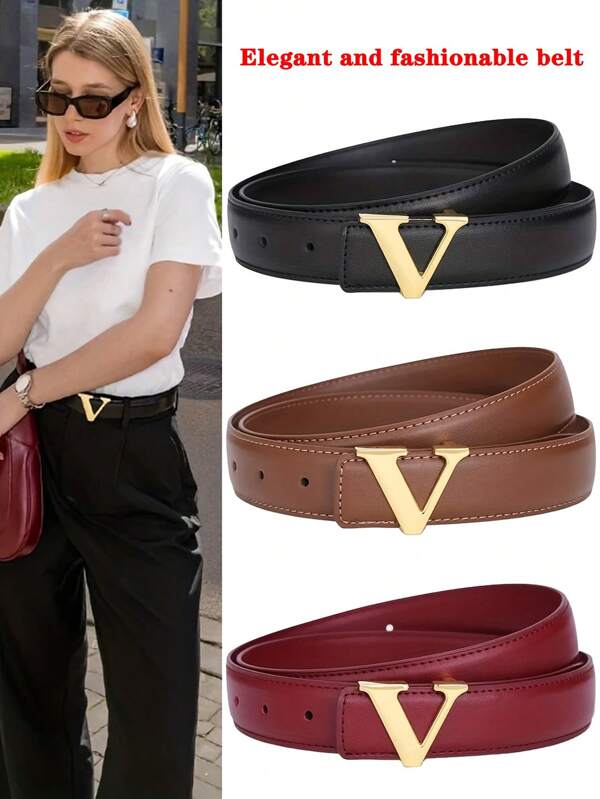 2 pezzi Cinture da donna con fibbia d'oro a forma di lettera "V" - Regolabili colori nero e marrone, adatte per l'uso quotidiano, lo stile ufficiale e le feste - Estetica retrò, stile raffinato disponibile