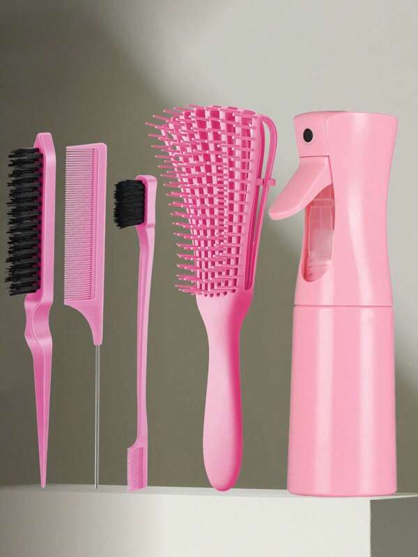 Hair Brush With Hair Styling Comb Set With 200ml Spray Bottle, Detangling Hair Brushes For Women Men Kids Curly Hair, HairBrush Set With Detangler Brush Teasing Hair Brush Rat Tail Comb Edge Brush, 1 Double Sides Edge Brush, 1 Bristle Brush , 1 Pin Tail Comb, Easier And Faster Detangling On Wash Day