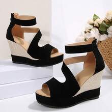 Sandalias de cuña para mujer con plataforma gruesa, tela de ante, impermeables, zapatos de tacón alto hueco, elegantes - Negro - Ver 6