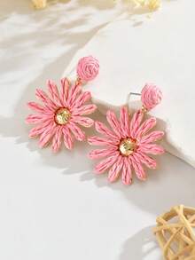 1 Paar Nische Urlaubsstil vielseitige Sommer handgemachte Raffia Sonnenblumen Ohrringe, romantische modische personalisierte handgewebte Raffia rosa Blumen Anhänger Ohrringe geeignet für Damen Alltag, Party und Urlaub (handgewebte Methode zufällig, handgefertigt kann leichte Klebstoffrückstände aufweisen) - Pink - Übersicht 4