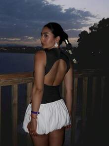 Bubble Dress Women Sleeveless Mock Neck Knit Open Back Dress Bodycon Y2k Party Club Short Dress - Black White - 查看 3